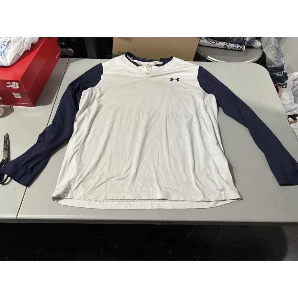 Under Armour ColdGear Shirt Mens Large White/Blue Long Sleeve Fitted Base Layer
